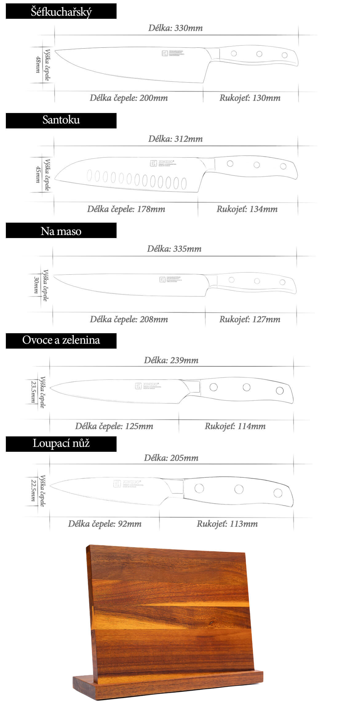 Sada nožů XinZuo Zhi B35 s magnetickým stojánkem - rozměry nožů