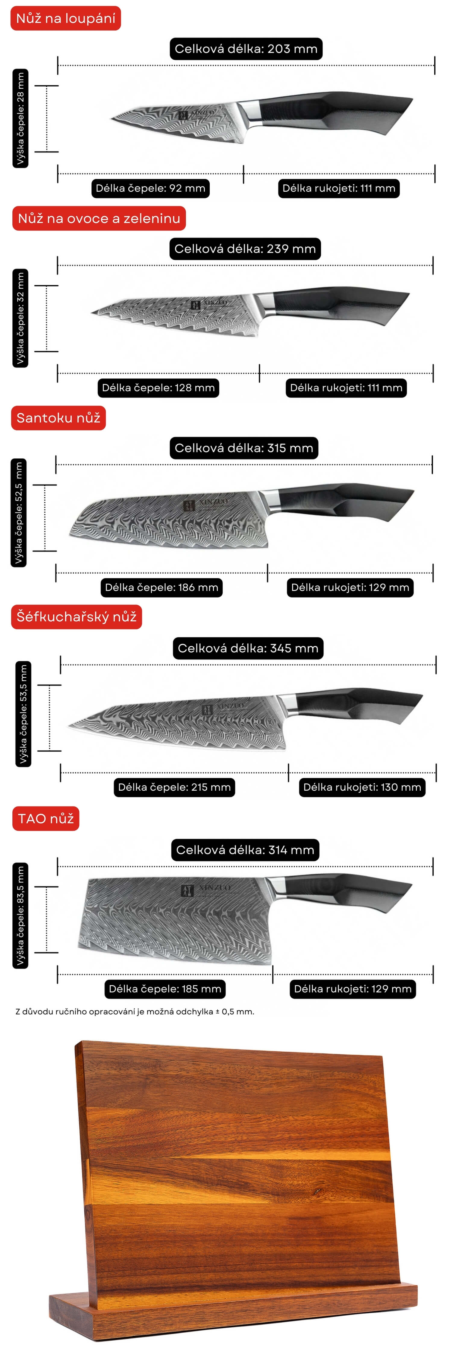 Sada nožů XinZuo Feng B32 rozměry