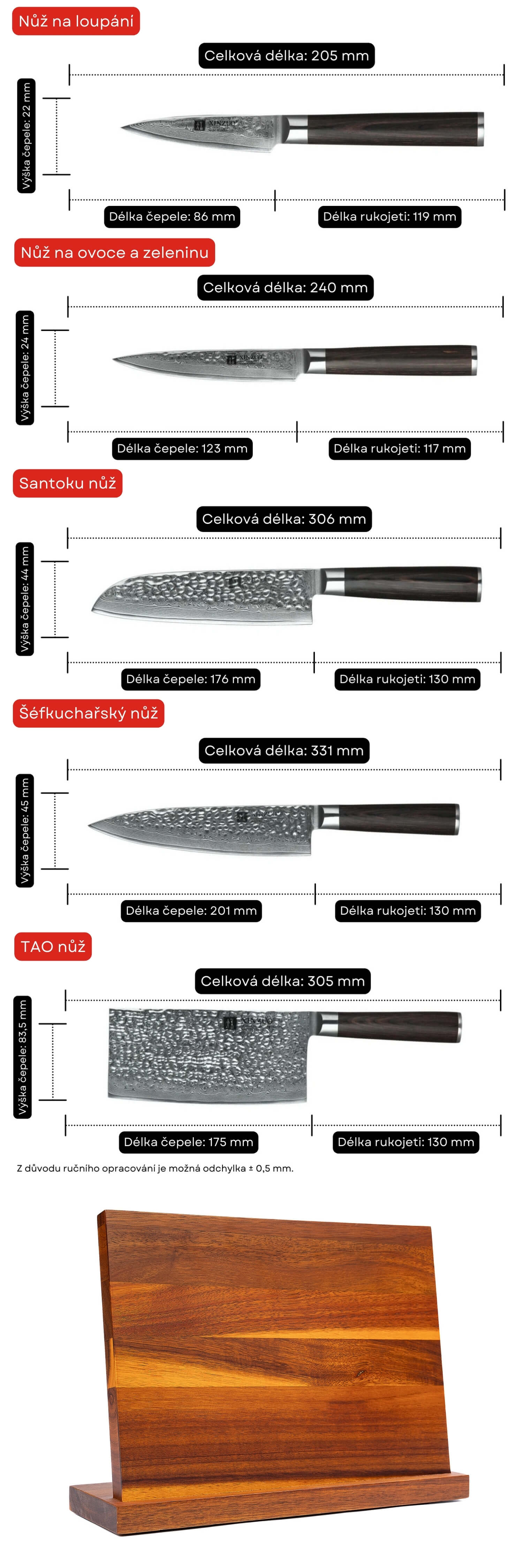 Rozměry sady nožů B1H s magnetickým stojanem