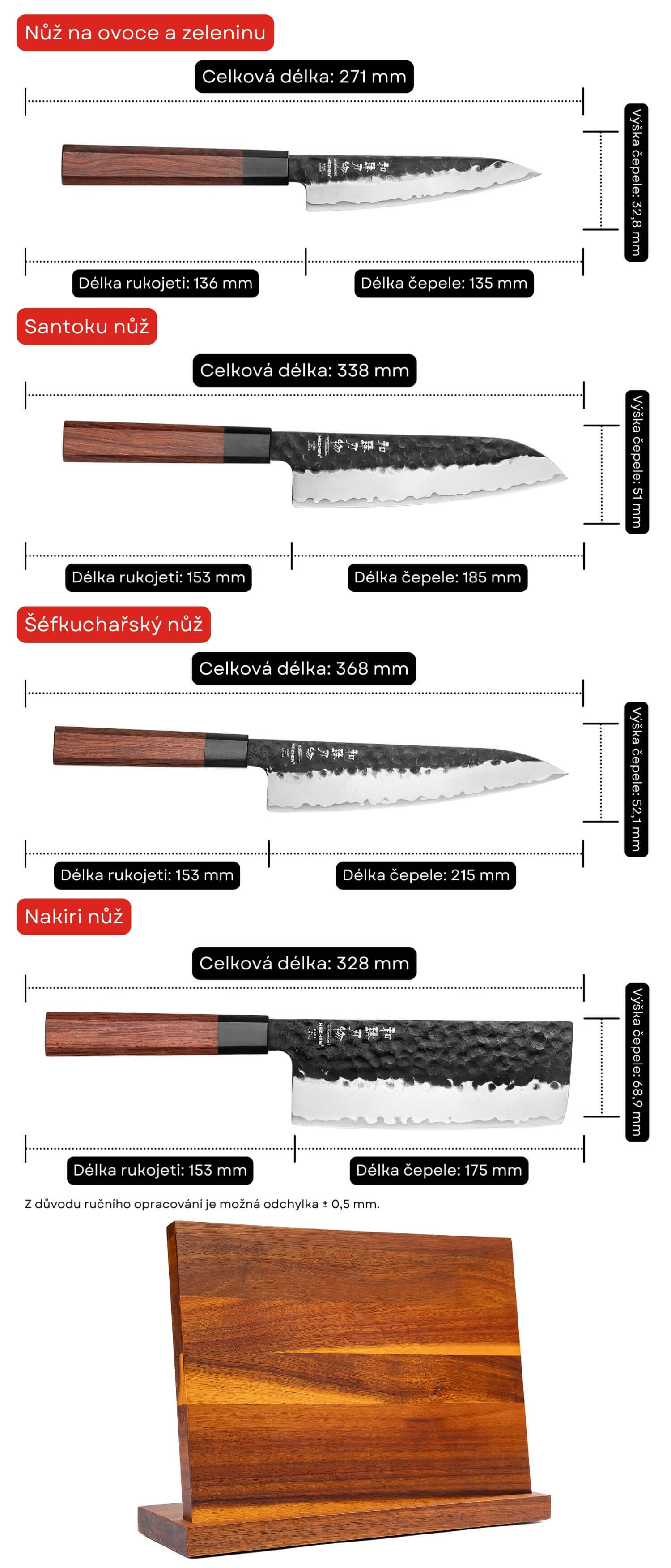 Rozměry nožů v sadě HEZHEN PM8S
