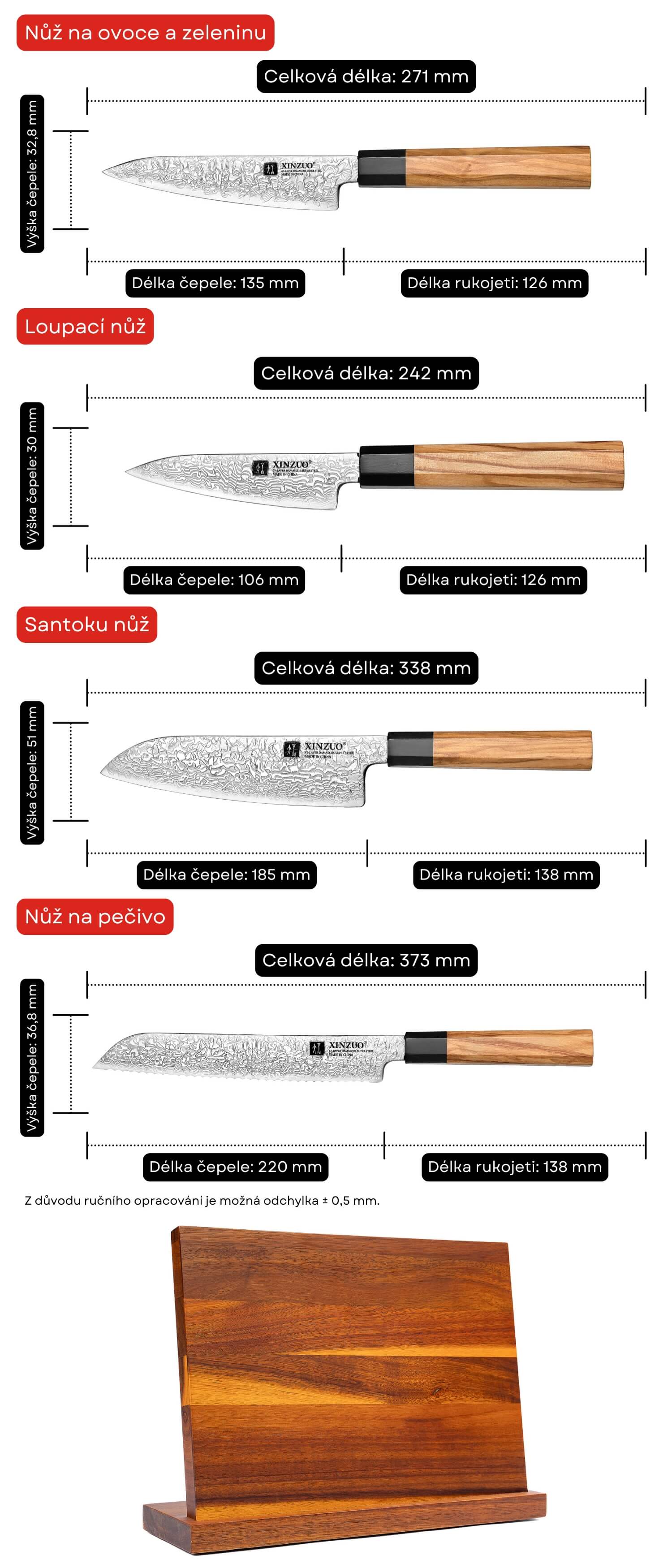 Rozměry nožů v sadě XinZuo PM8O