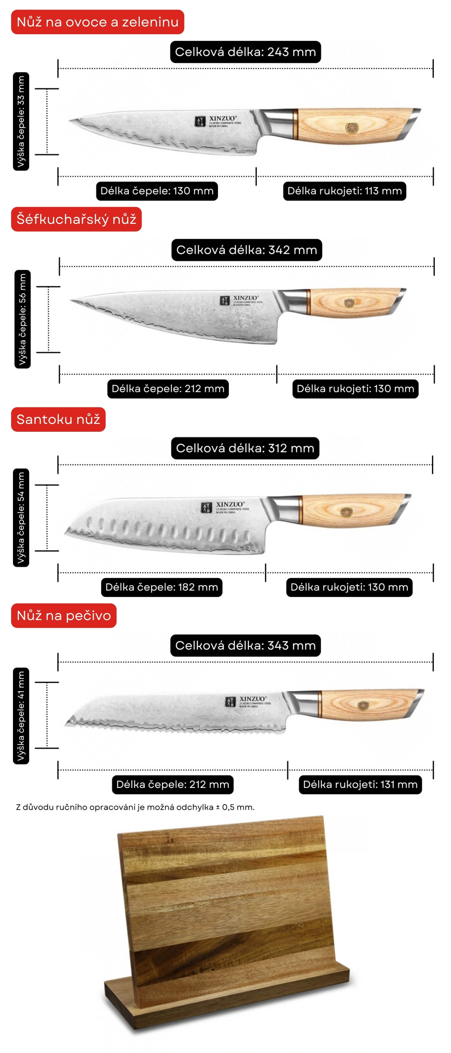 Rozměry nožů v sadě XinZuo Lan B37S