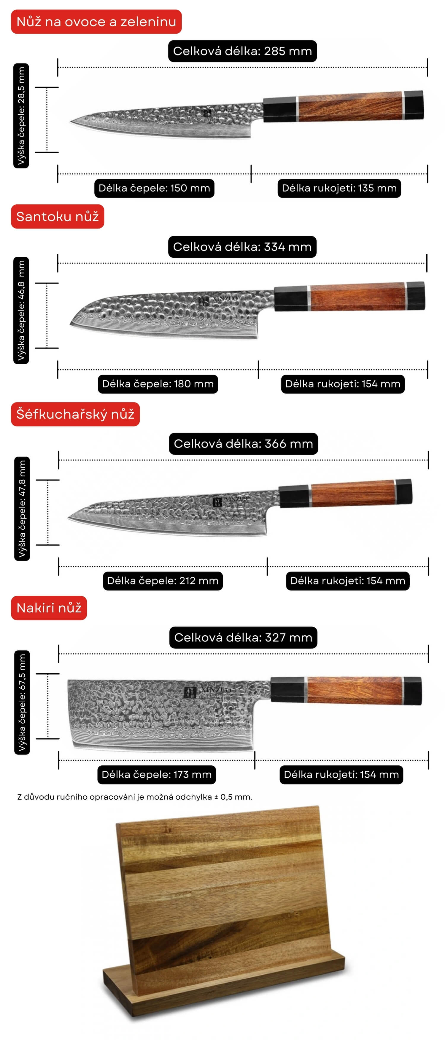 Rozměry sady nožů PM8 s magnetickým stojanem