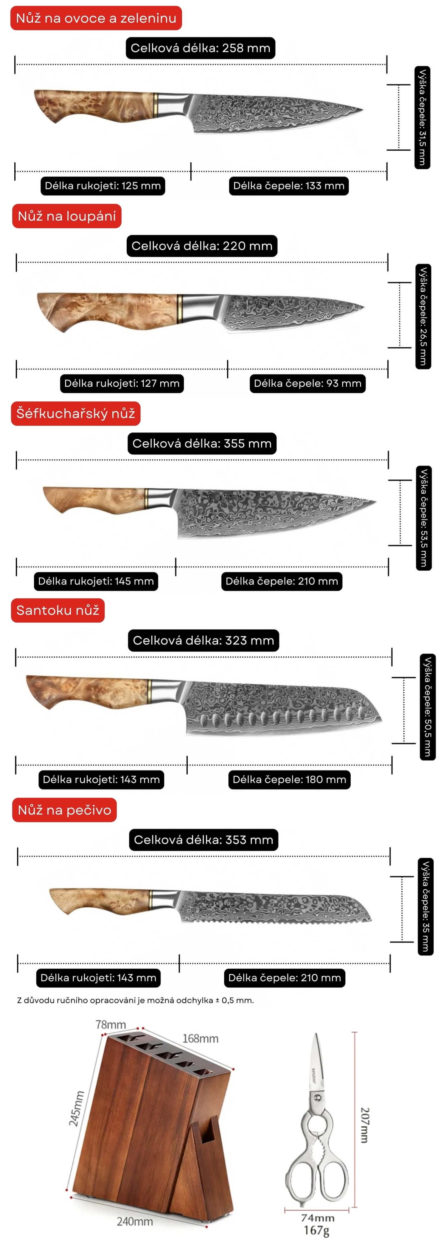 Rozměry sady nožů HezHen B30 Master