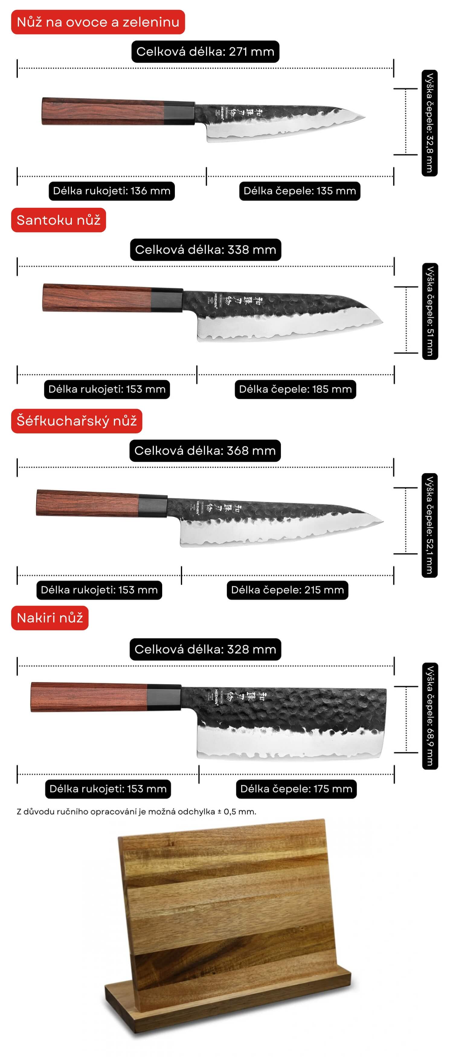 Rozměry nožů v sadě HEZHEN PM8S