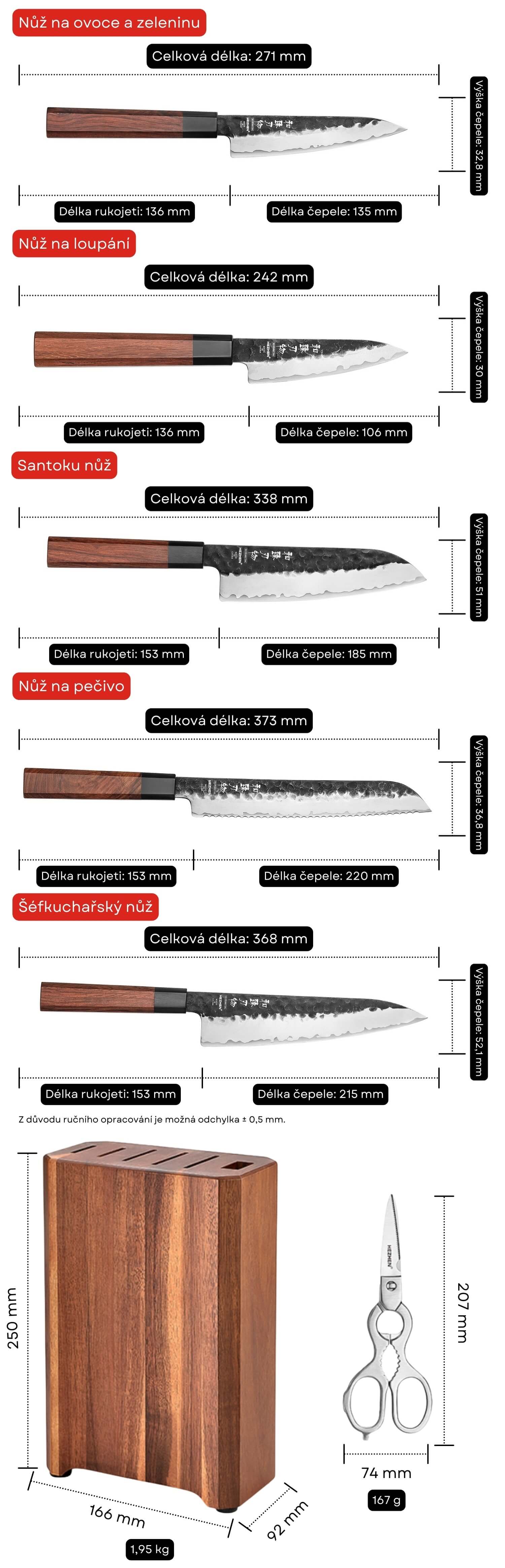 Rozměry nožů v sadě HEZHEN PM8S