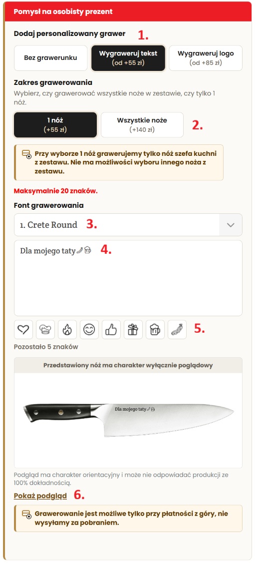 Grawerunek na zestawach noży - tekstu