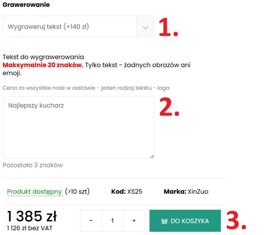 Grawerunek na zestawach noży - tekstu