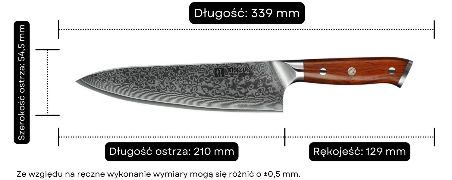 Nóż szefa kuchni XinZuo Yu B13R wymiary