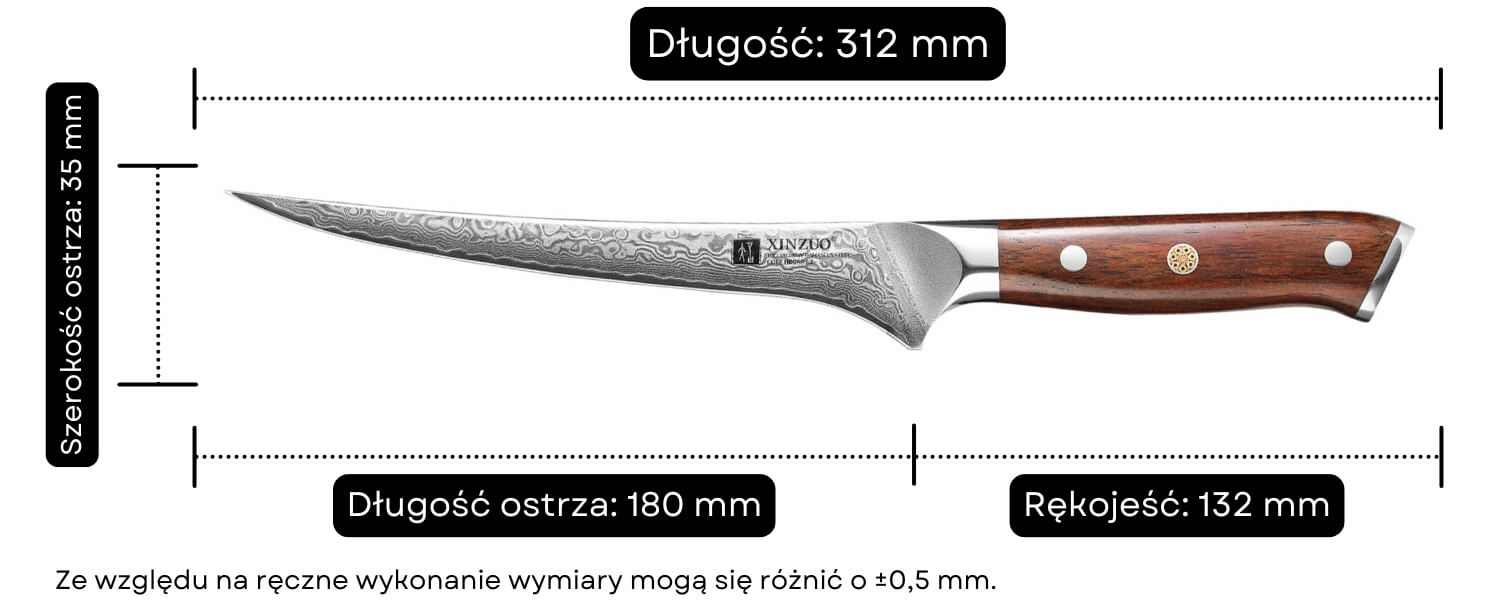 Nóż filetowania XinZuo Yu B13R wymiary