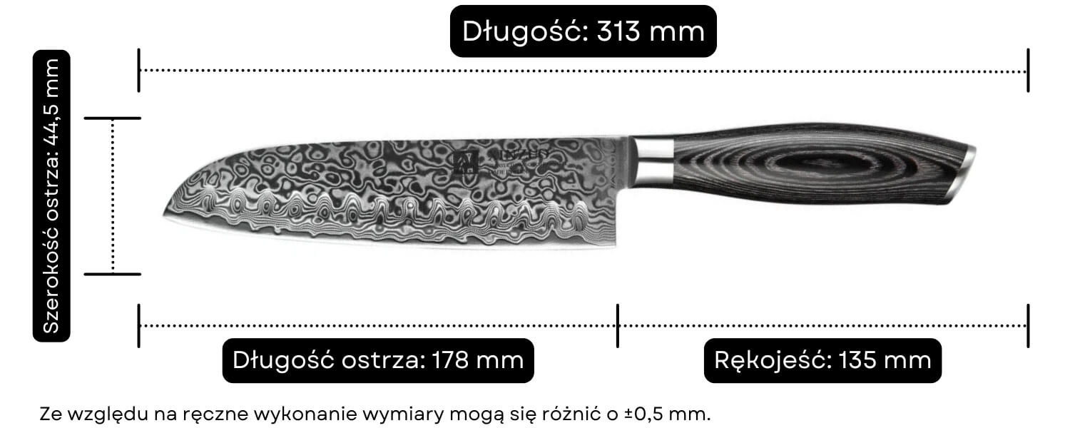 Nóż Santoku XinZuo Ya B20 wymiary