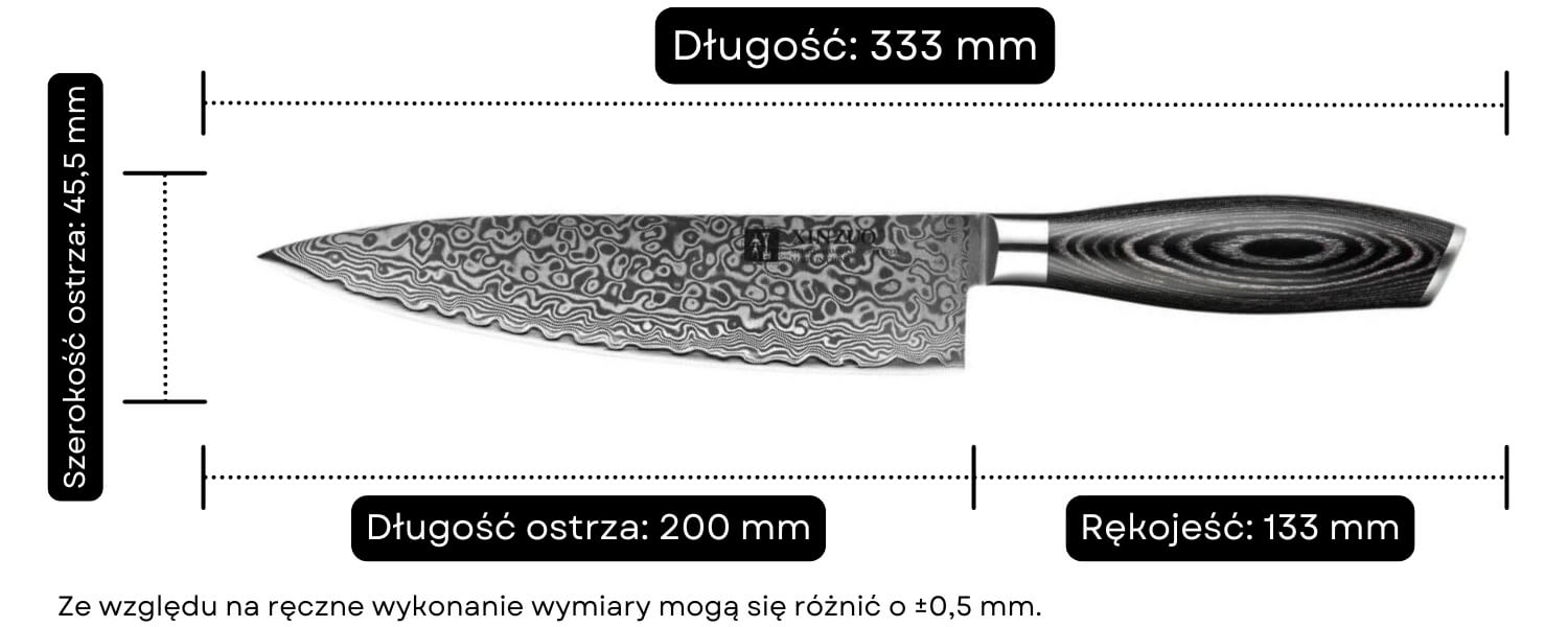 Nóż szefa kuchni XinZuo Ya B20 wymiary