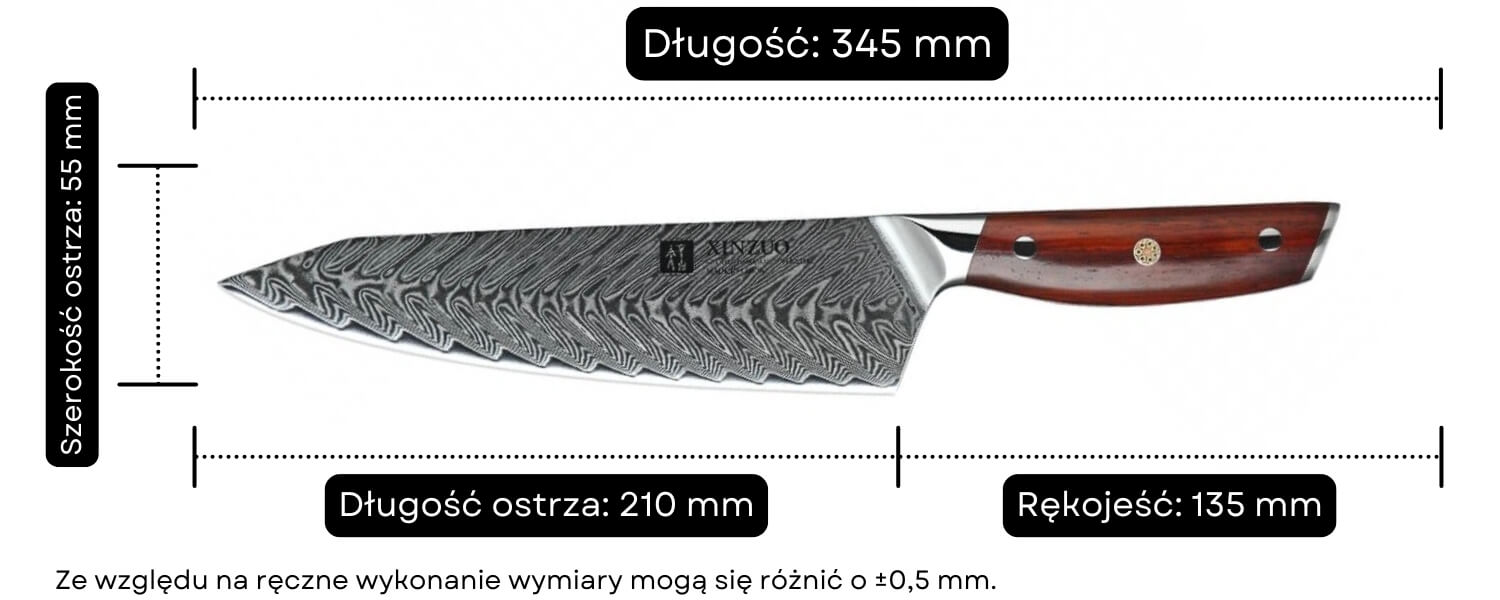 Nóż szefa kuchni XinZuo Yi B27 wymiary