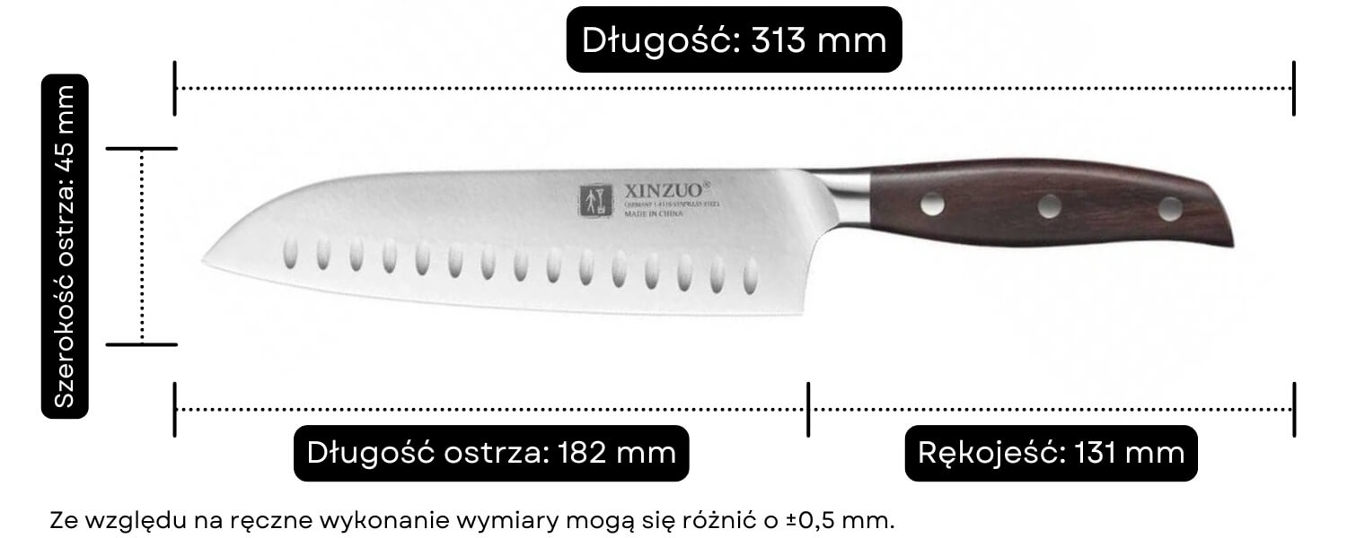 Nóż Santoku XinZuo Zhi B35 wymiary