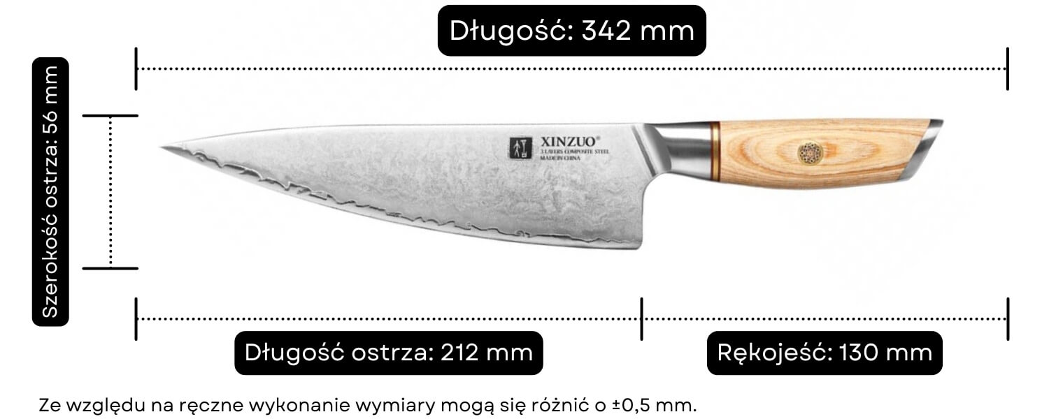 Nóż szefa kuchni XinZuo Lan B37S wymiary