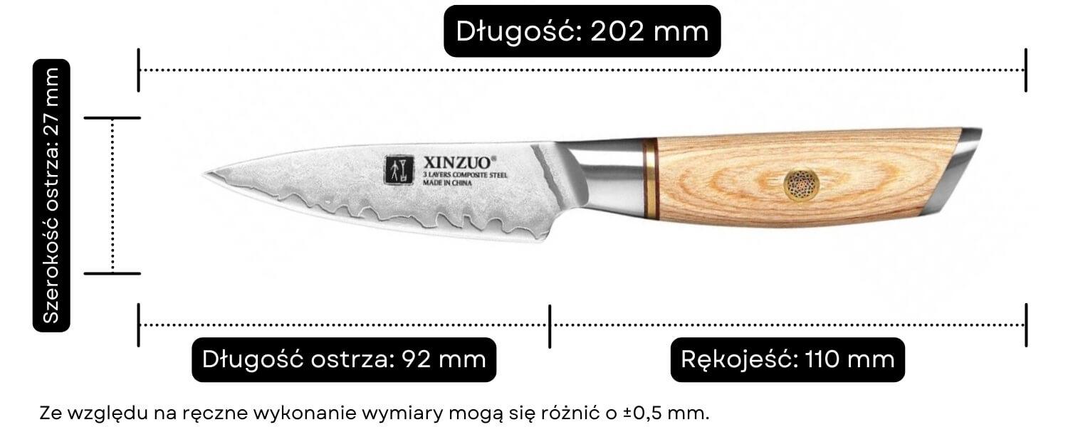 Nóż do obierania XinZuo Lan B37S wymiary