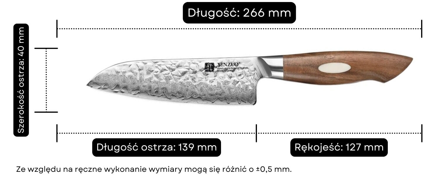 Mały nóż Santoku XinZuo Jiang B46W wymiary