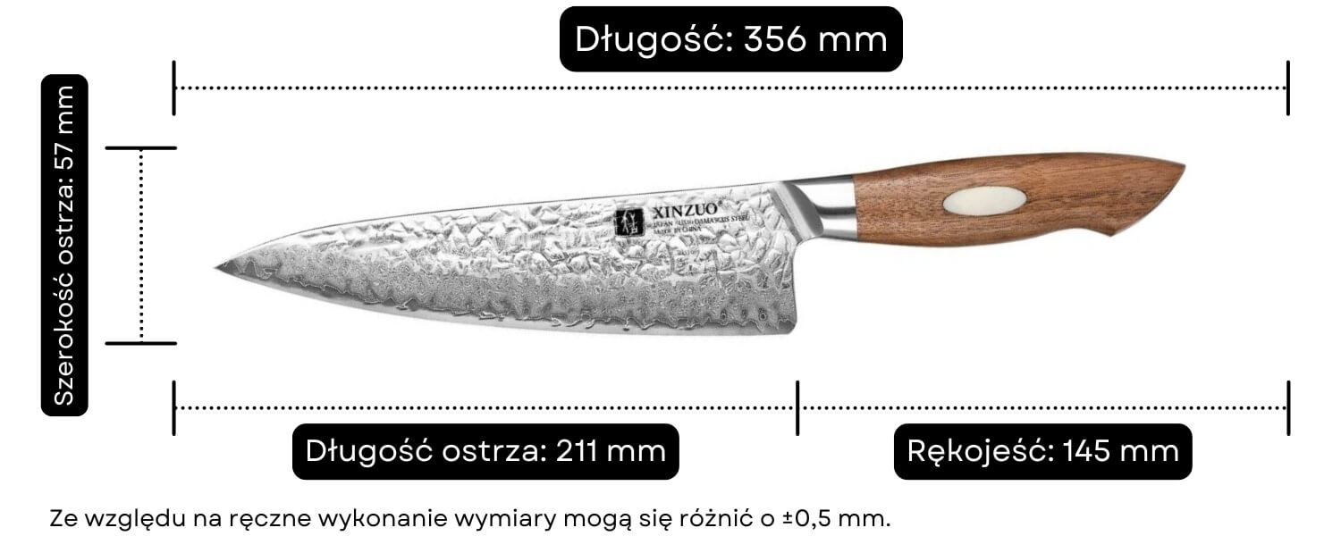 Nóż szefa kuchni XinZuo Jiang B46W wymiary
