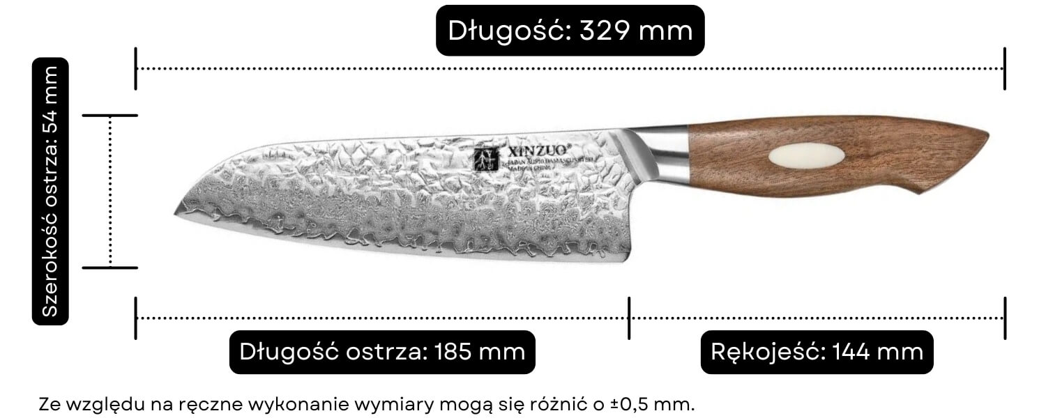 Nóż Santoku XinZuo Jiang B46W wymiary