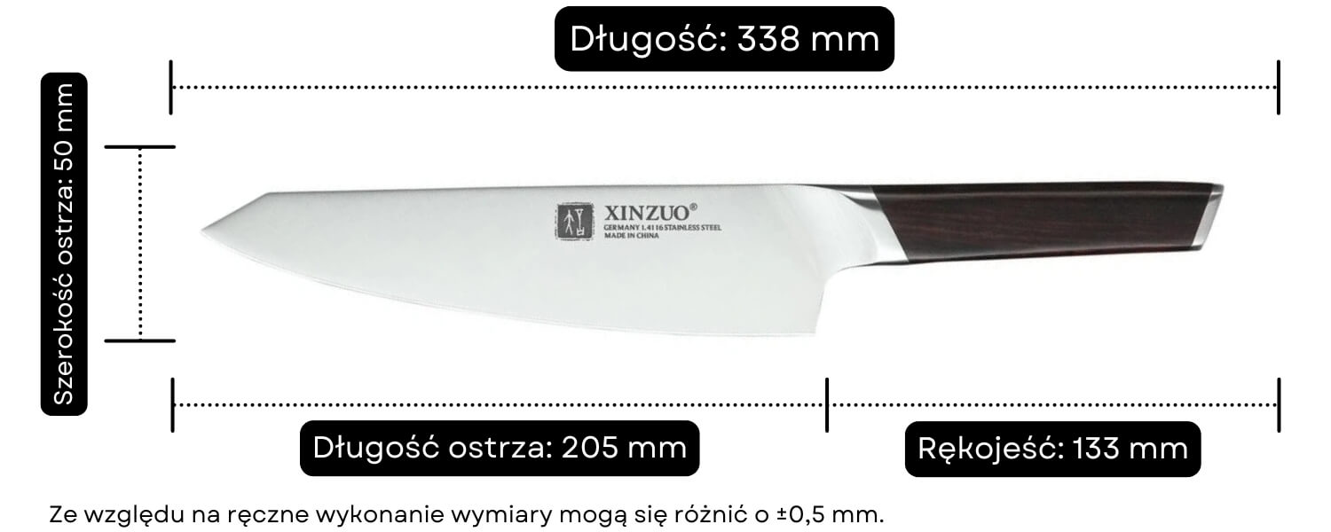Nóż szefa kuchni XinZuo Rui B5 wymiary