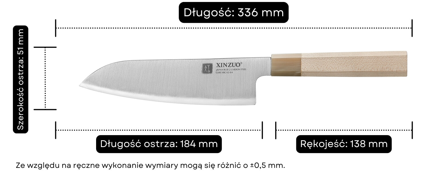 Wymiary noża Santoku XinZuo PM8M