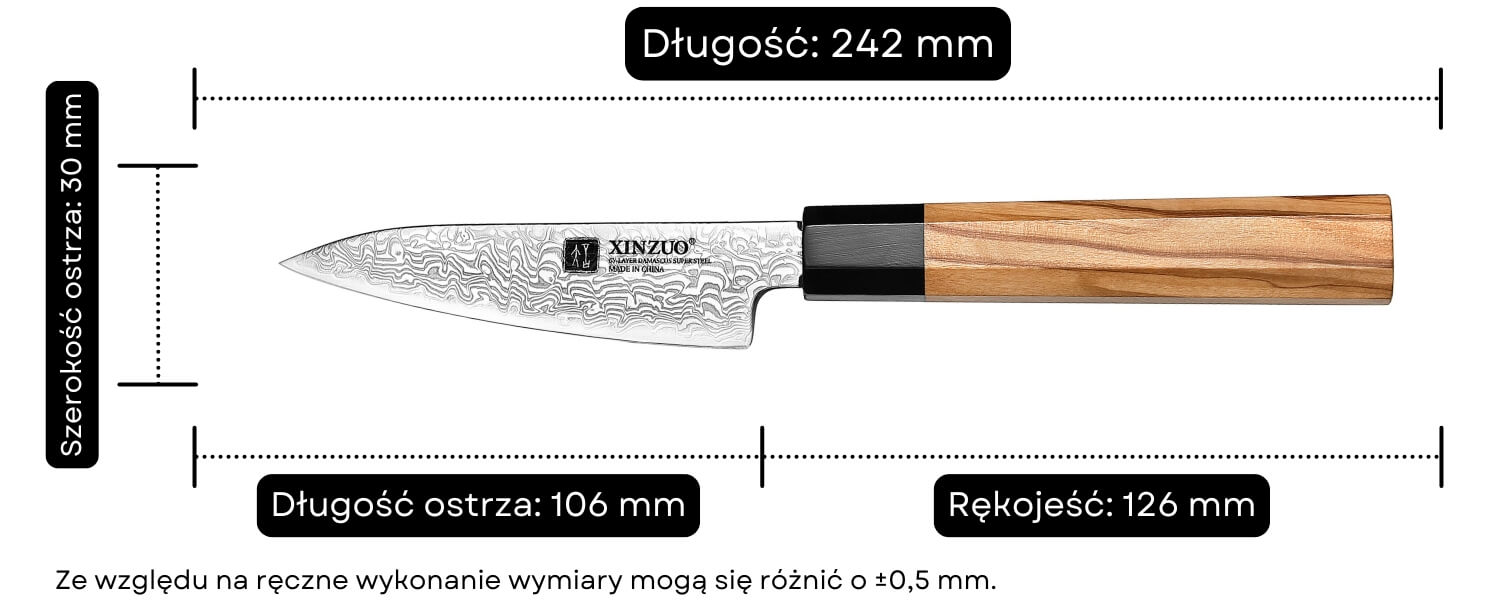 Wymiary noża do obierania XinZuo PM8O 