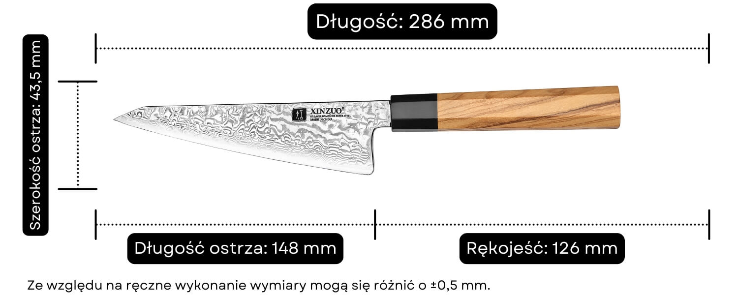 Wymiary noża Honesuki XinZuo PM8O 