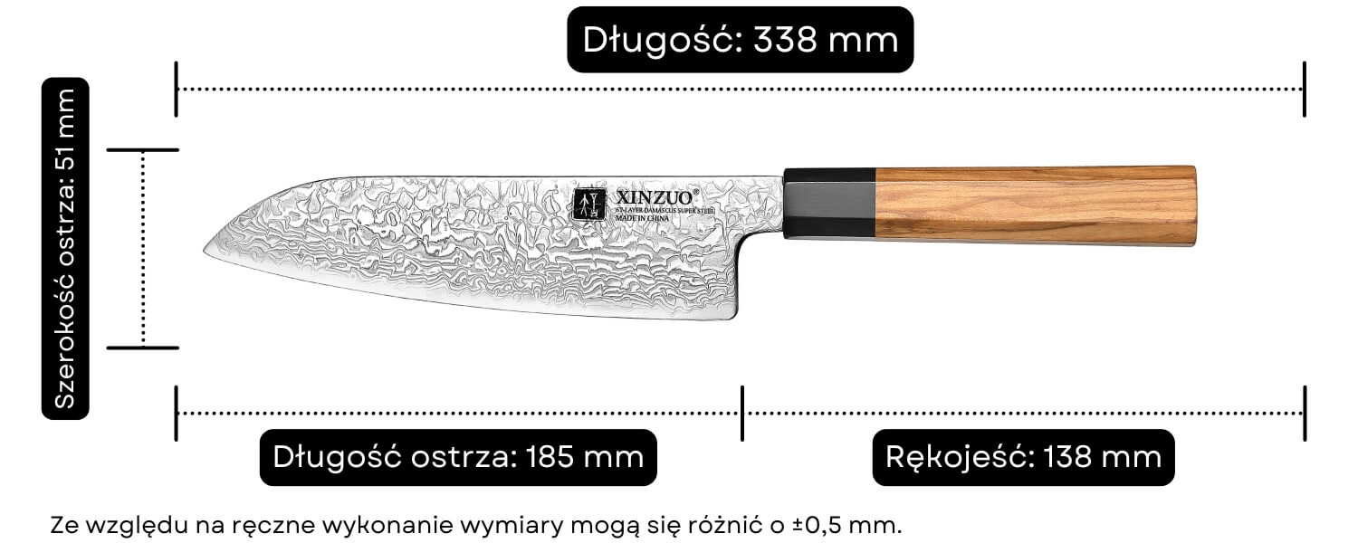 Wymiary noża santoku XinZuo PM8O 