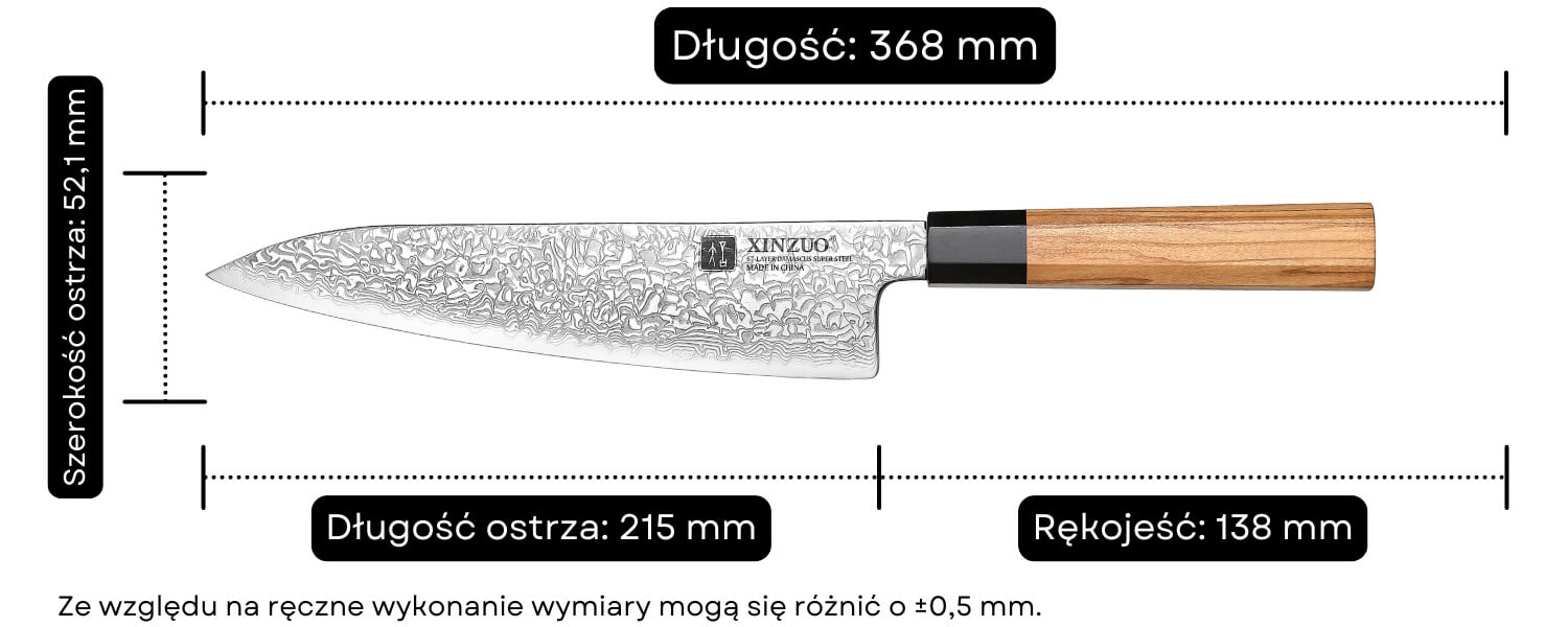 Wymiary noża szefa kuchni XinZuo PM8O 