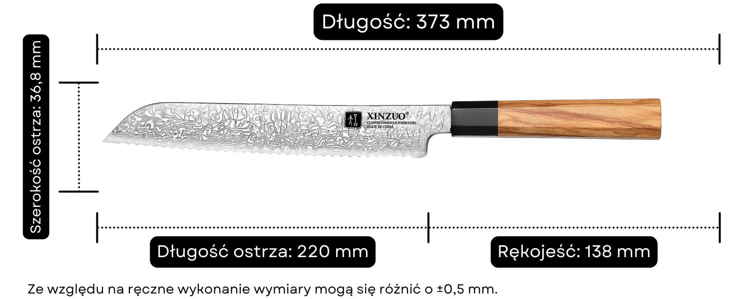 Wymiary noża do chleba XinZuo PM8O 