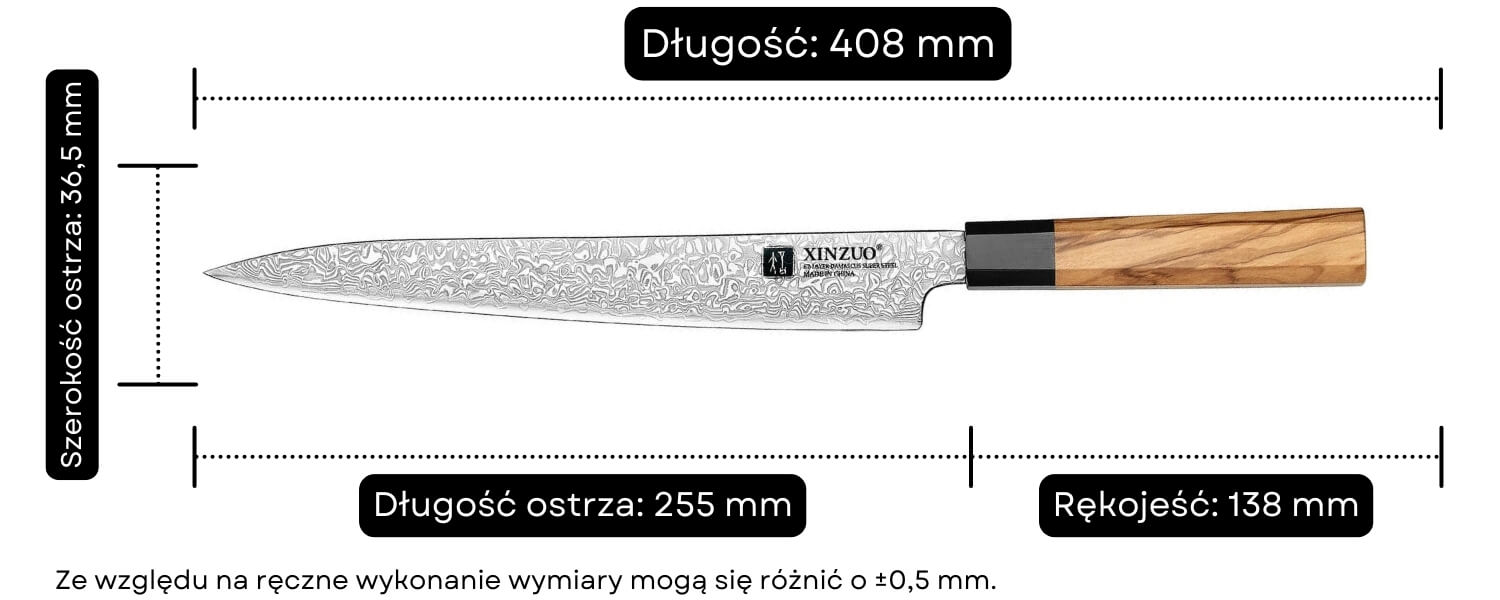 Wymiary noża szefa kuchni XinZuo PM8O 