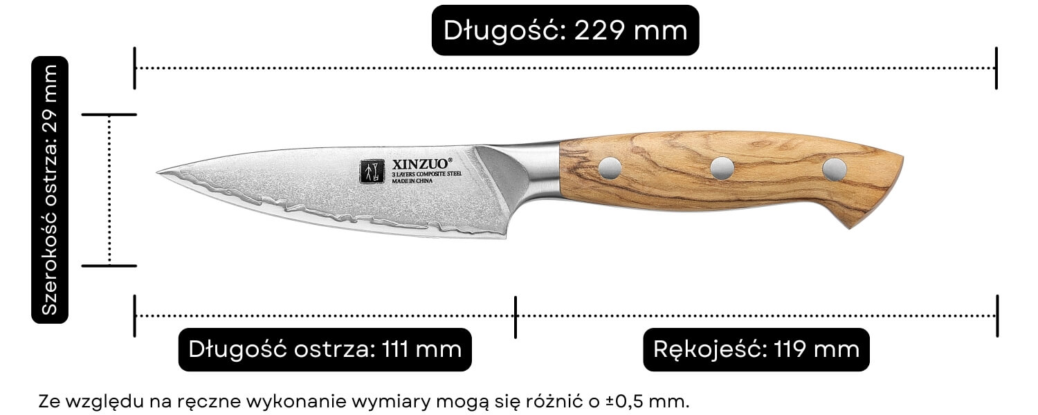 Wymiary noża do obierania XinZuo Pin X02O