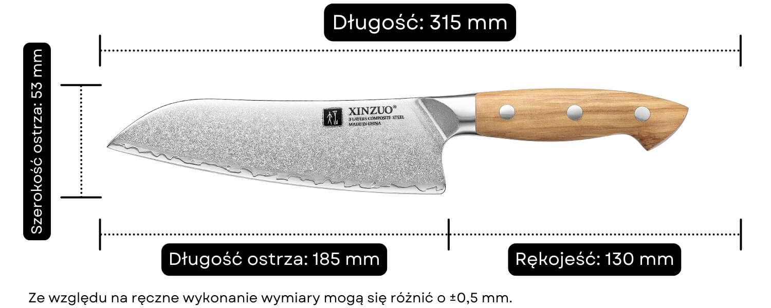 Wymiary noża Santoku XinZuo Pin X02O