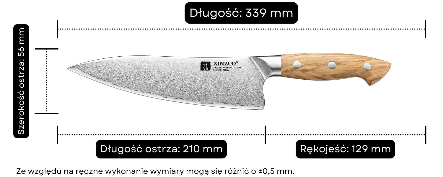 Wymiary noża szefa kuchni XinZuo Pin X02O