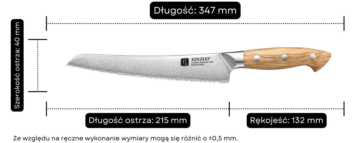 Wymiary noża do chleba XinZuo Pin X02O