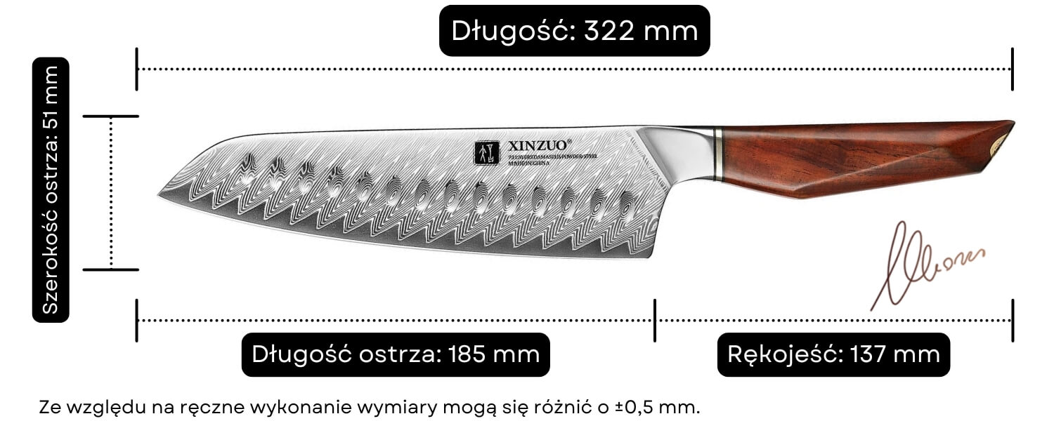 Wymiary noża Santoku XinZuo Xing X03