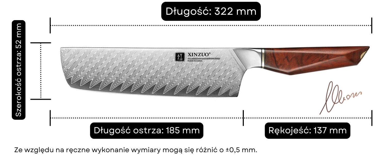 Wymiary noża Nakiri XinZuo Xing X03