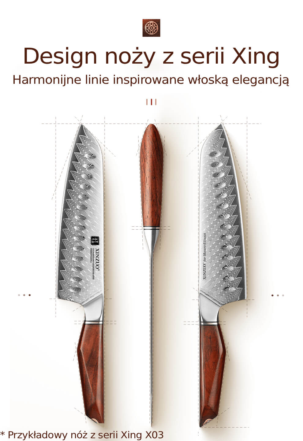 Noże z serii Xing X03 przyciągają wzrok falistym wzorem damasceńskim inspirowanym morskimi falami i włoską elegancją artystyczną.