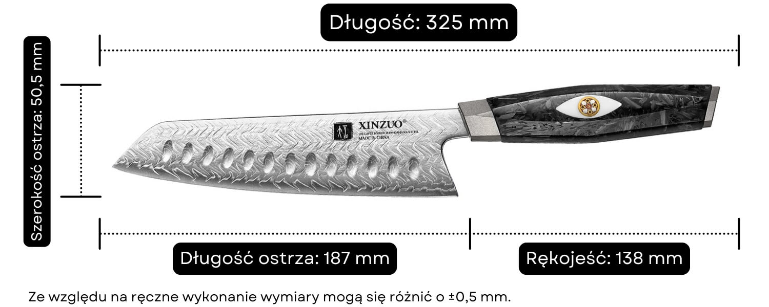 Wymiary noża santoku XinZuo Li X04