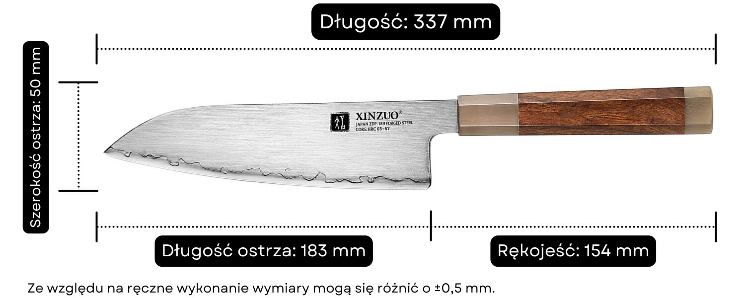 Wymiary noża santoku XinZuo Zhen X05Z