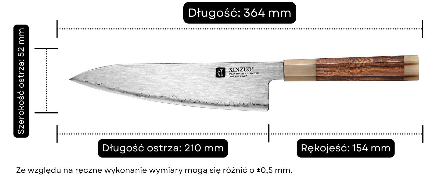 Wymiary noża szefa kuchni XinZuo Zhen X05Z
