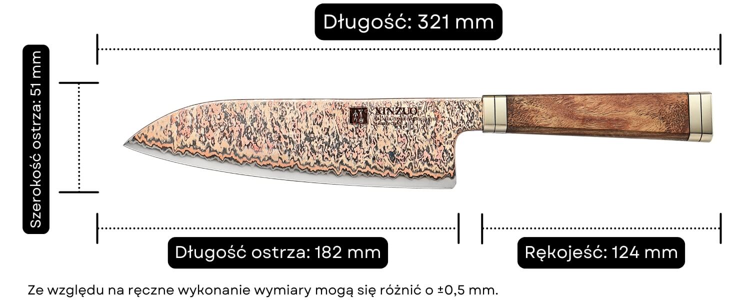 Wymiary noża Santoku XinZuo X08C