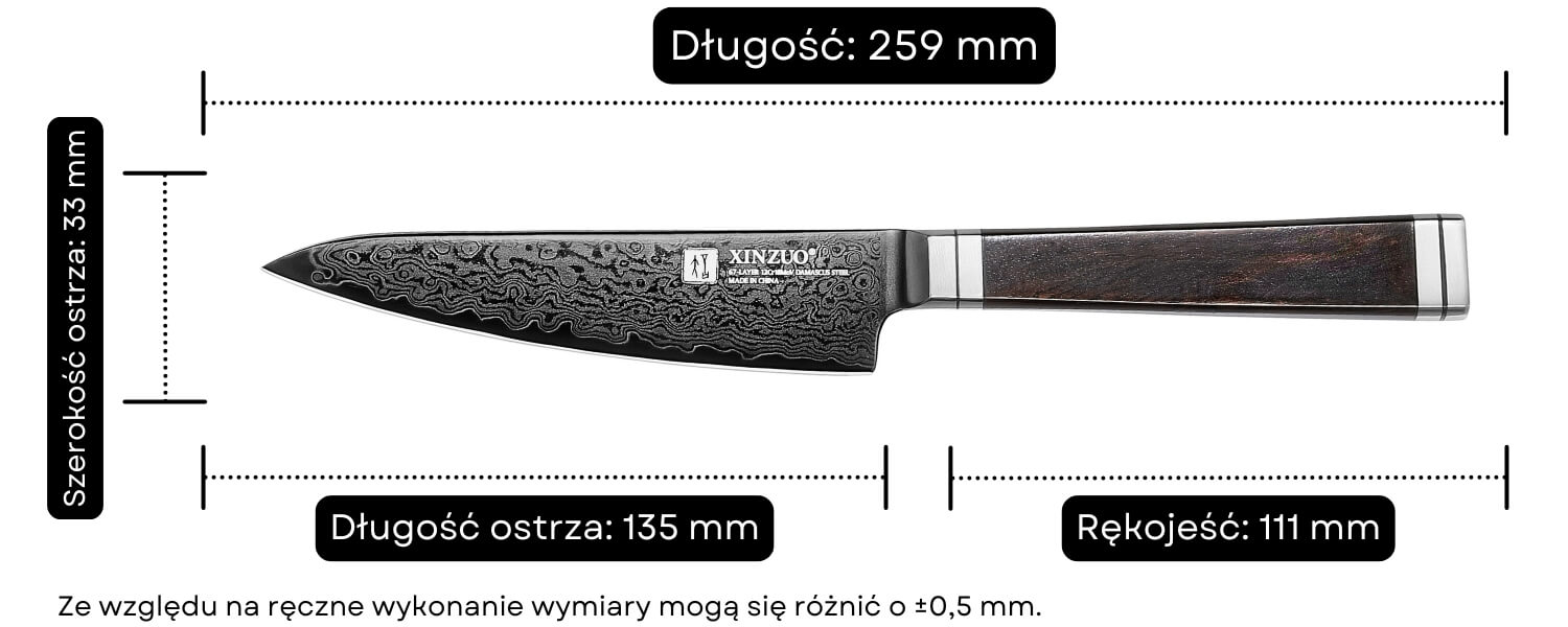 Wymiary noża do warzyw i owoców XinZuo X08E