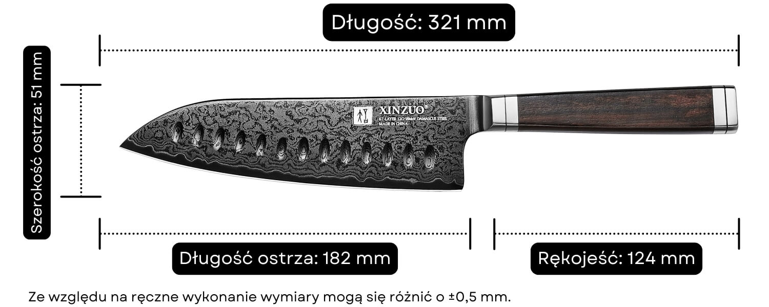 Wymiary noża santoku XinZuo X08E