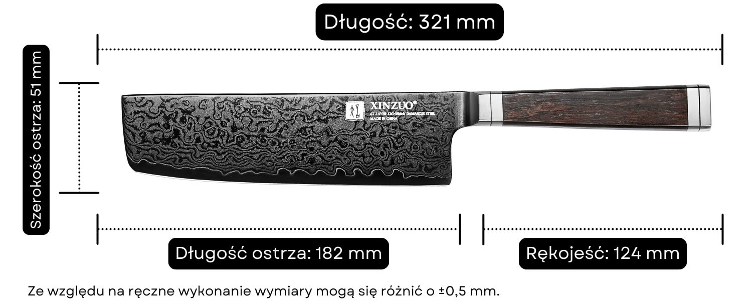 Wymiary noża Nakiri kuchni XinZuo X08E
