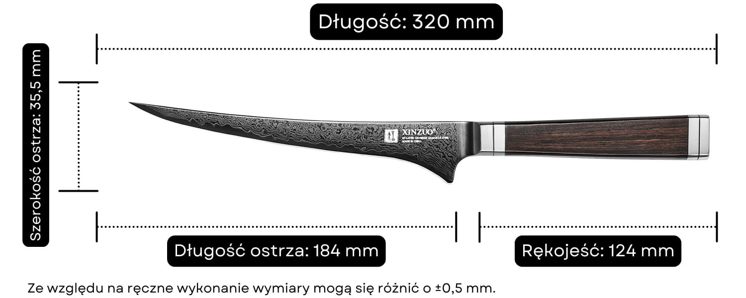 Wymiary noża do filetowania XinZuo Ji X08E