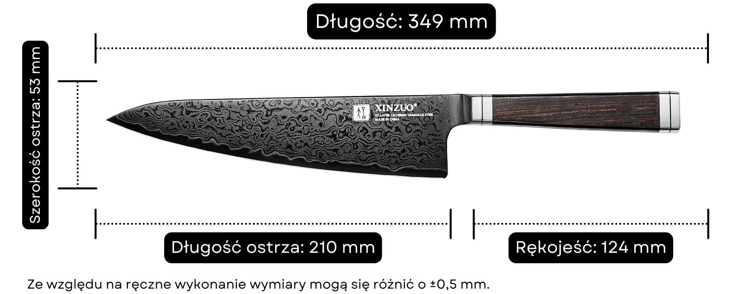 Wymiary noża szefa kuchni XinZuo X08E