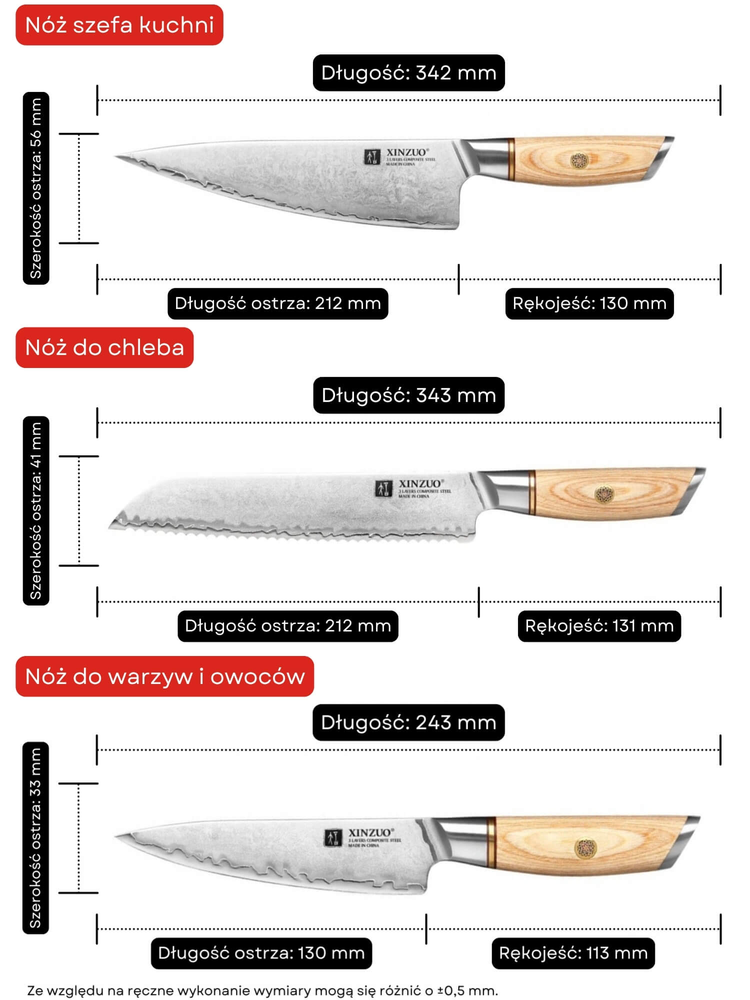 Zestaw noży XinZuo Lan B37S wymiary