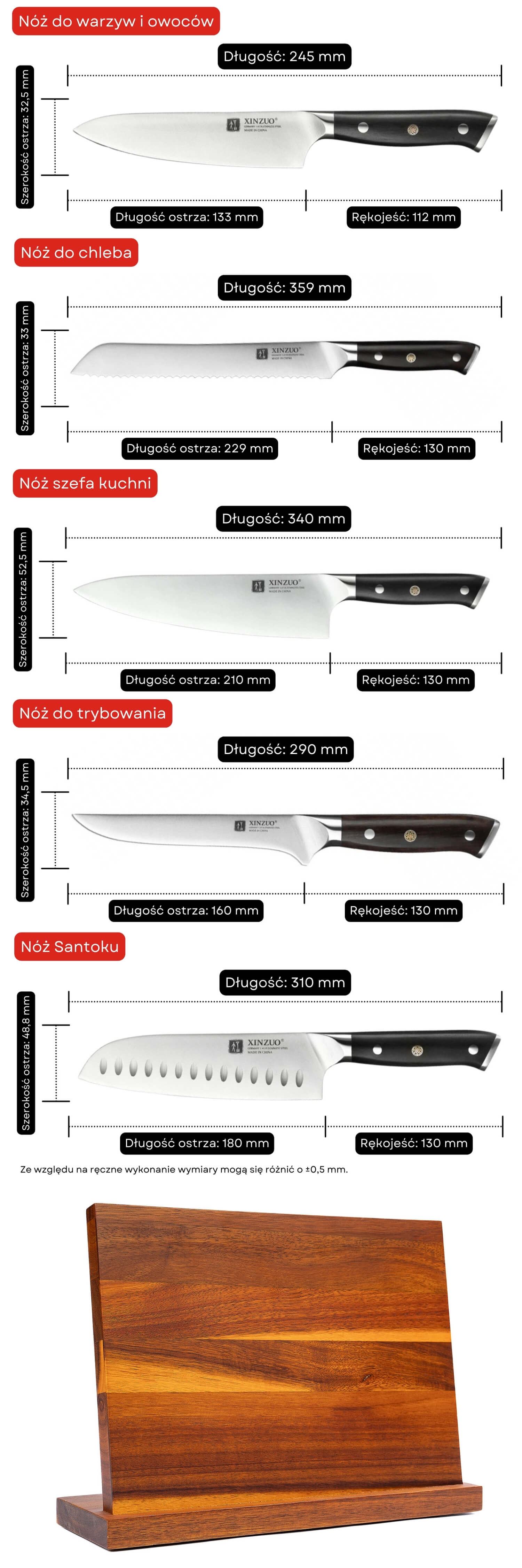 Zestaw noży XinZuo Yu B13S wymiary