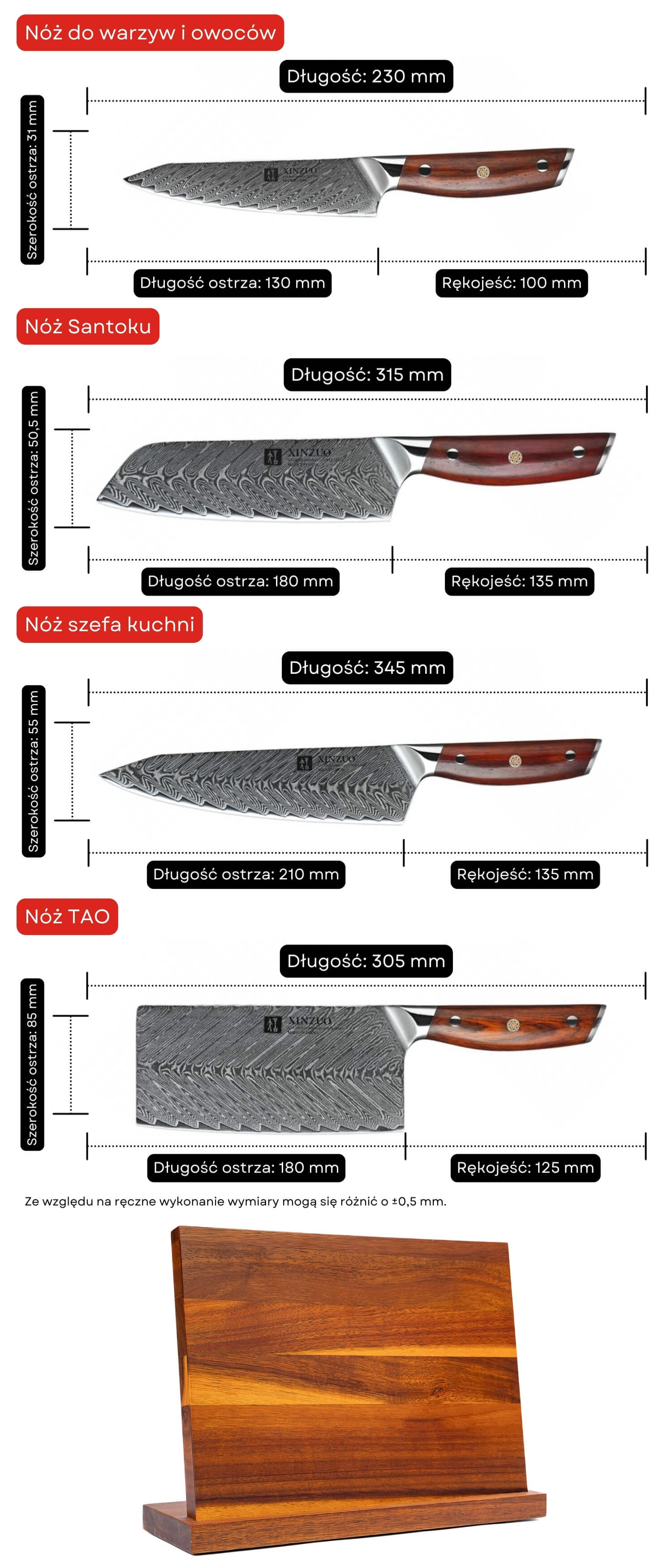 Zestaw noży XinZuo Yi B27 wymiary
